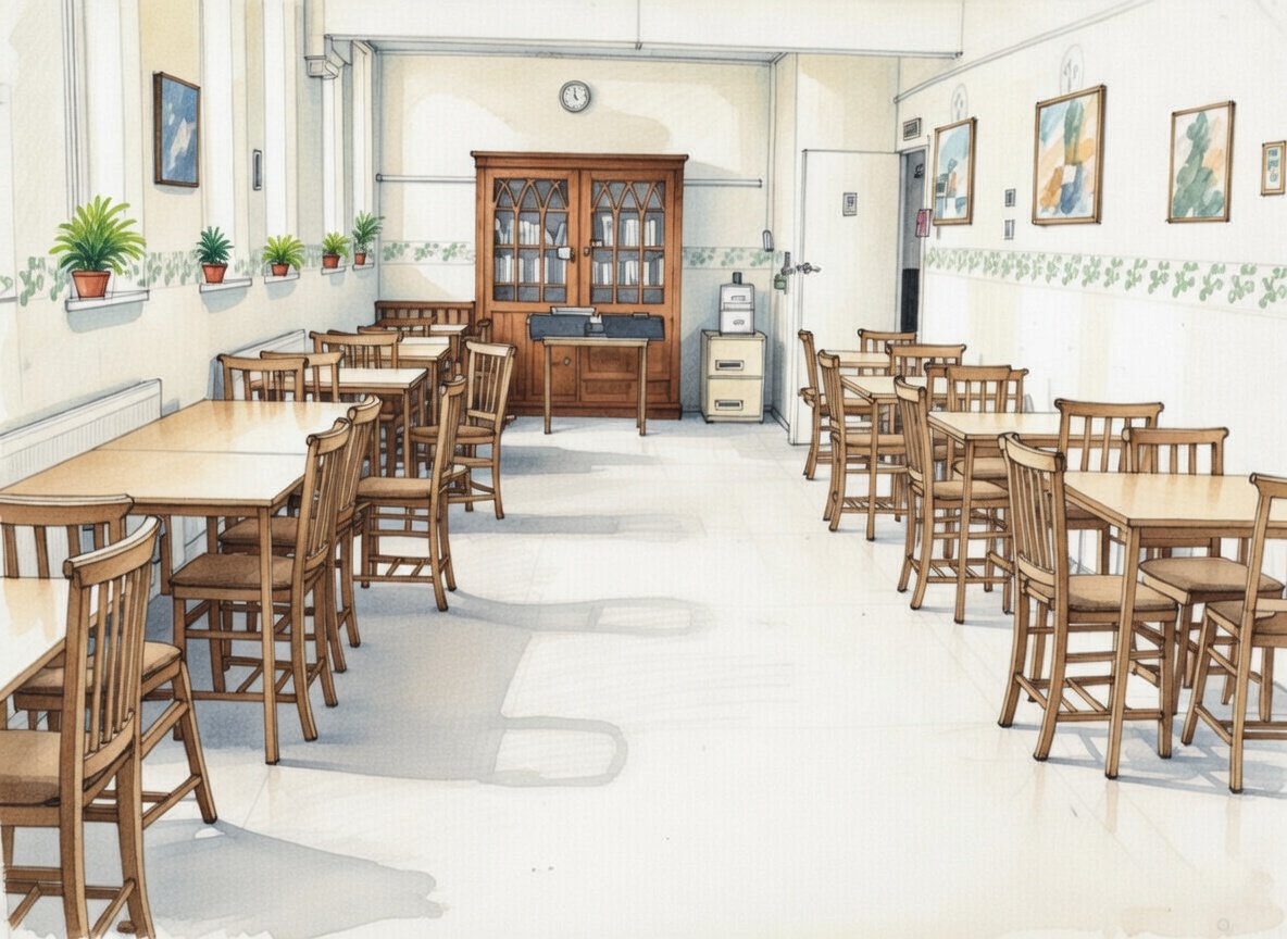 Watercolour illustration of the social room at Bury Spiritualist Centre